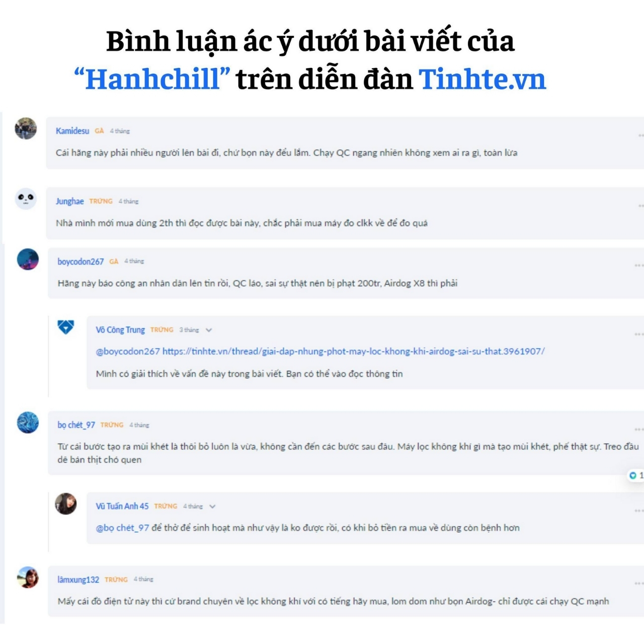 Cảnh báo giả mạo khách hàng Airdog lừa đảo người tiêu dùng 15 Nhiều bình luận ác dưới các bài viết khiến nhiều khách hàng hoang mang và phân vân khi quyết định mua sản phẩm