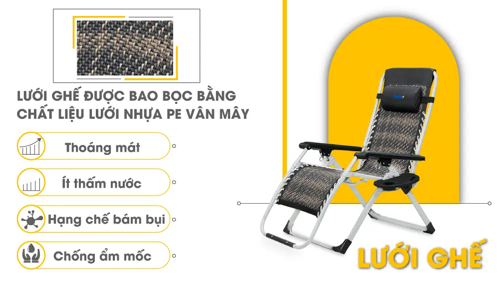 Ghế xếp thư giãn HAKAWA HK-G21P NEW có nệm 6 Lưới ghế được bao bọc bằng chất liệu nhựa PE đan cấu trúc vân mấy