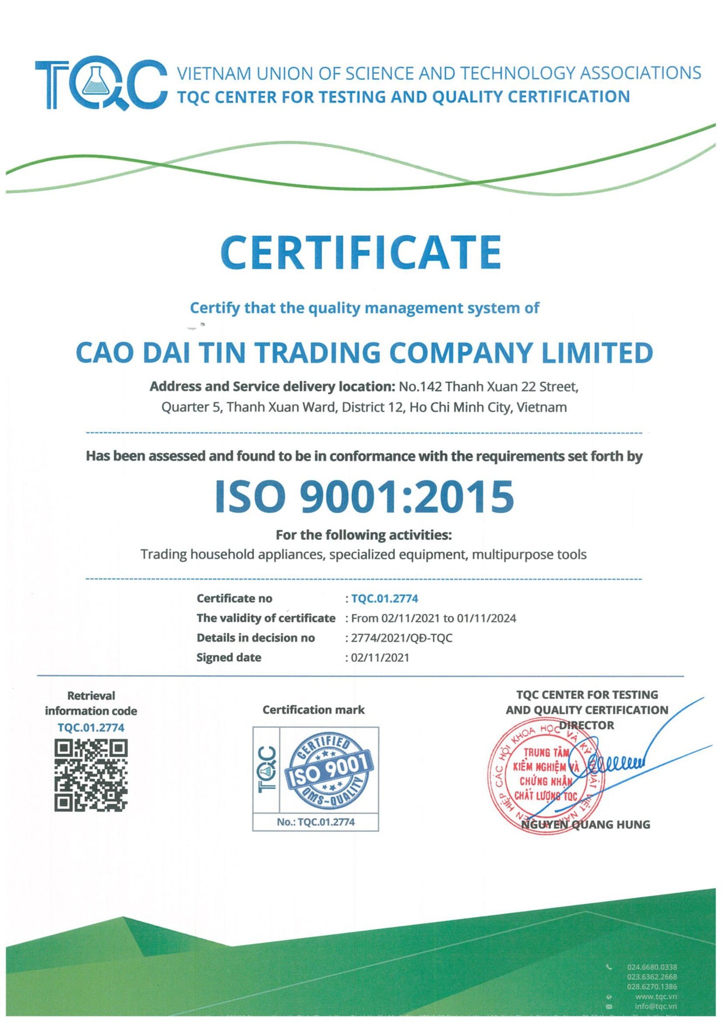 Chứng Nhận ISO 9001-2015 2 Certificate ISO 9001:2015