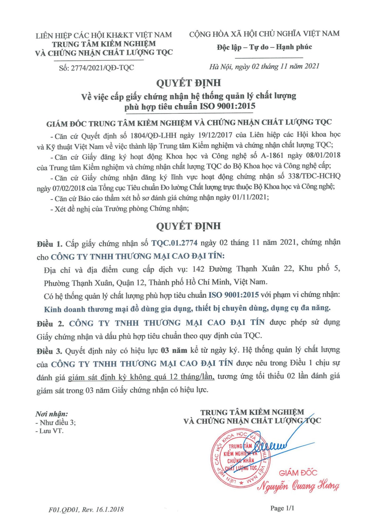 Chứng Nhận ISO 9001-2015 3 Quyết định về việc cấp giấy chứng nhận hệ thống quản lý chất lượng phù hợp tiêu chuẩn ISO 9001:2015