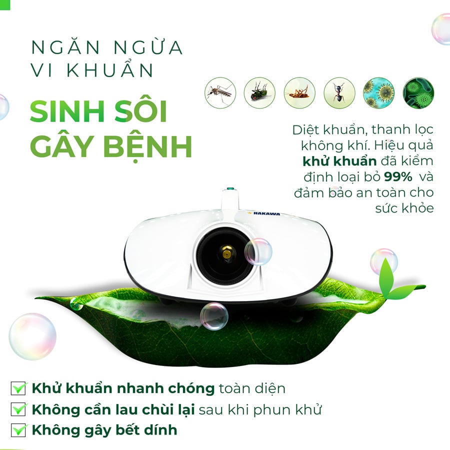Máy khử mùi diệt khuẩn HAKAWA HK-2020KT 13 Máy khử mùi diệt khuẩn Hakawa phát tán dung dịch dưới dạng khói nano nhanh chóng, lan toả đều và có thể xâm nhập vào mọi ngóc ngách và khe hở nhỏ nhất để tiêu diệt và ngăn chặn vi khuẩn sinh sôi gây bệnh