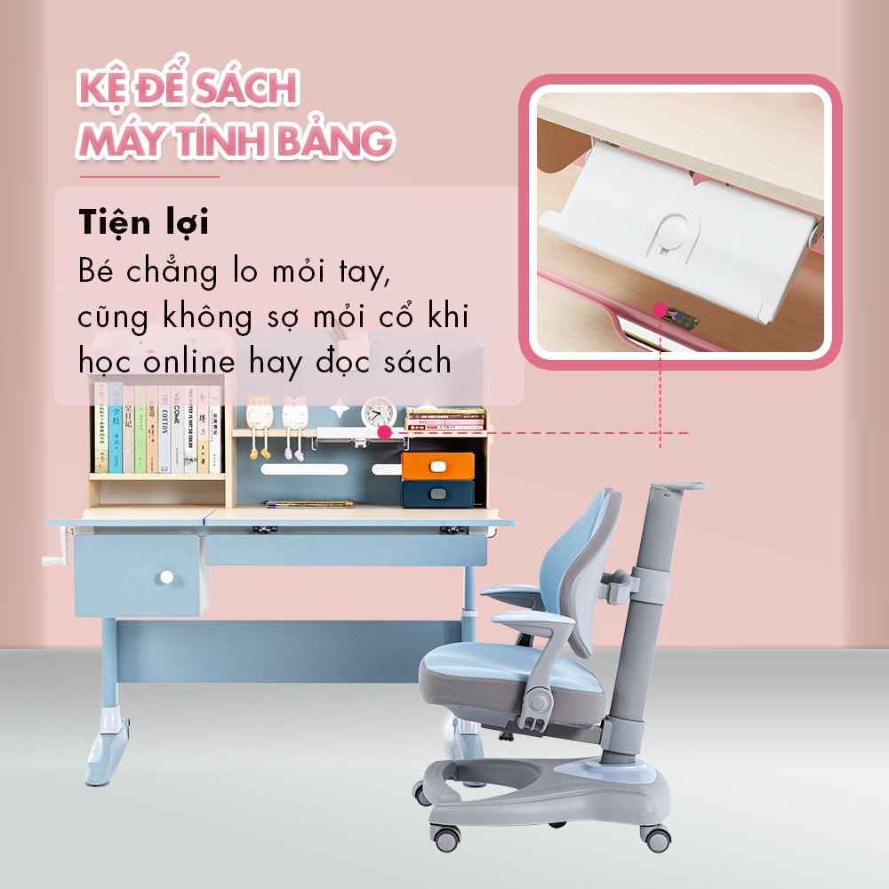 Bàn học cao cấp chống gù, chống cận cho trẻ HAKAWA HK-BH08 14 Bàn còn được thiết kế thêm kệ để sách máy tính bảng không lo bị mỏi cổ khi học online hay đọc sách