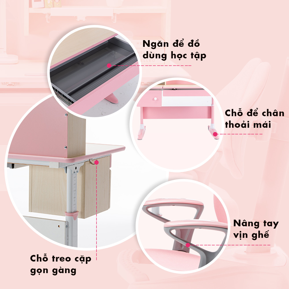 Bàn học cao cấp chống gù, chống cận cho trẻ HAKAWA HK-BH08 19 Bàn ghế được thiết kế đầy đủ các chức năng như ngăn để đồ dùng học tập, chỗ để chân thoải mái, tay vịn ghế và chỗ treo cặp gọn gàng