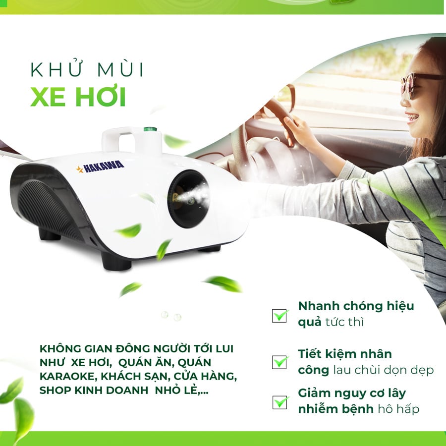 Máy khử mùi diệt khuẩn HAKAWA HK-2020KT 20 Máy khử mùi diệt khuẩn được ứng dụng nhiều để khử mùi otô, không gian đông người lui tới như quán ăn, phòng karaoke, khách sạn, cửa hàng, phòng bida và phòng gym...