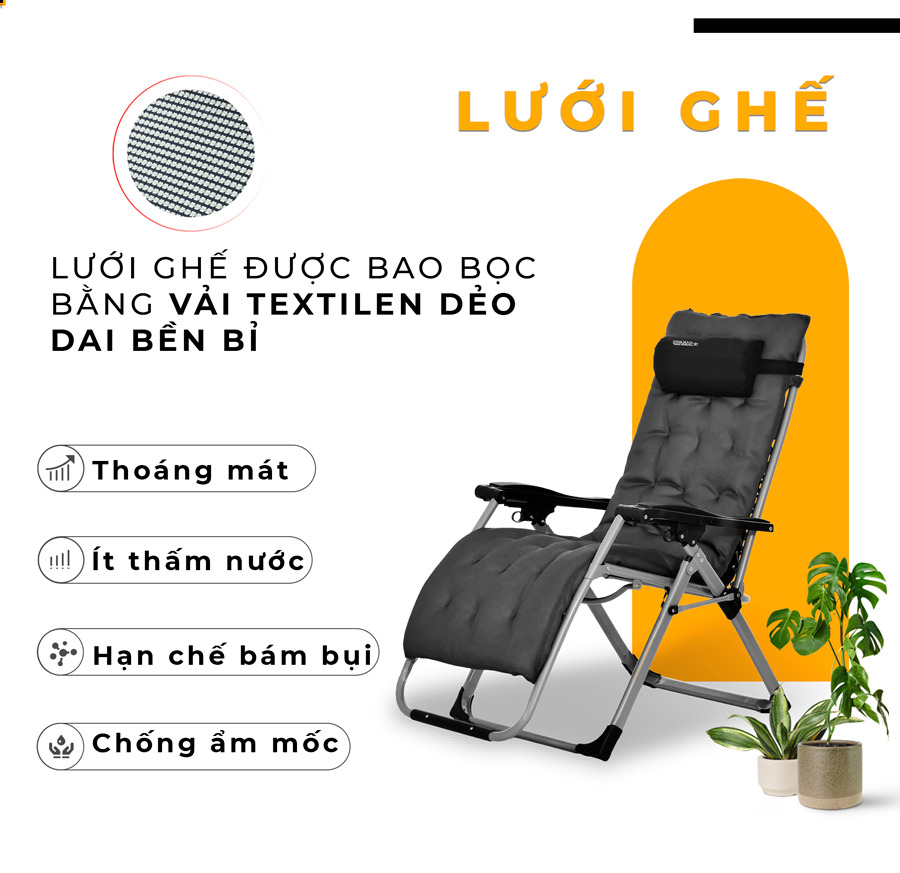 Ghế xếp thư giãn hạng sang HAKAWA HK-G21P 10 Lưới ghế được làm bằng vải texitilen bền bỉ, thoáng mát, ít thấm nước, hạn chế bám bụi và chống ẩm mốc tốt