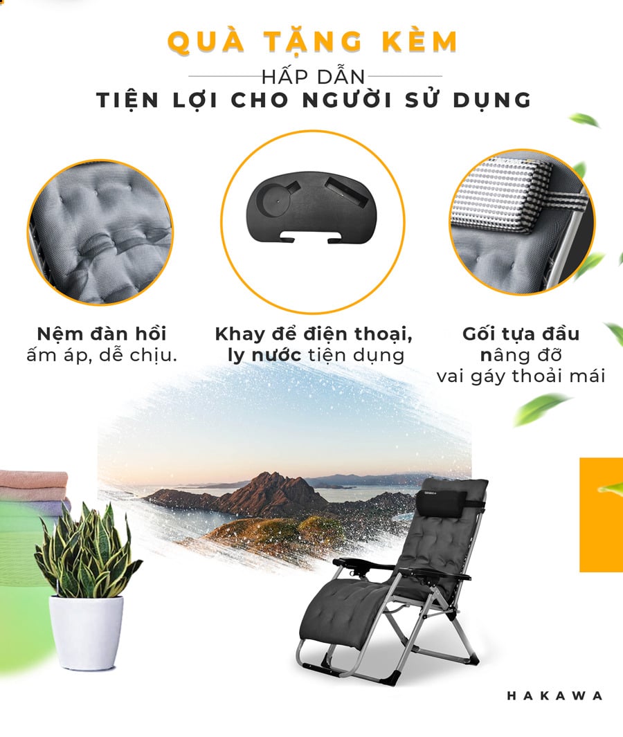 Ghế xếp thư giãn hạng sang HAKAWA HK-G21P 13 Khi mua ghế G21P sẽ được tặng kèm nệm đàn hồi, khay để đồ và gối đầu
