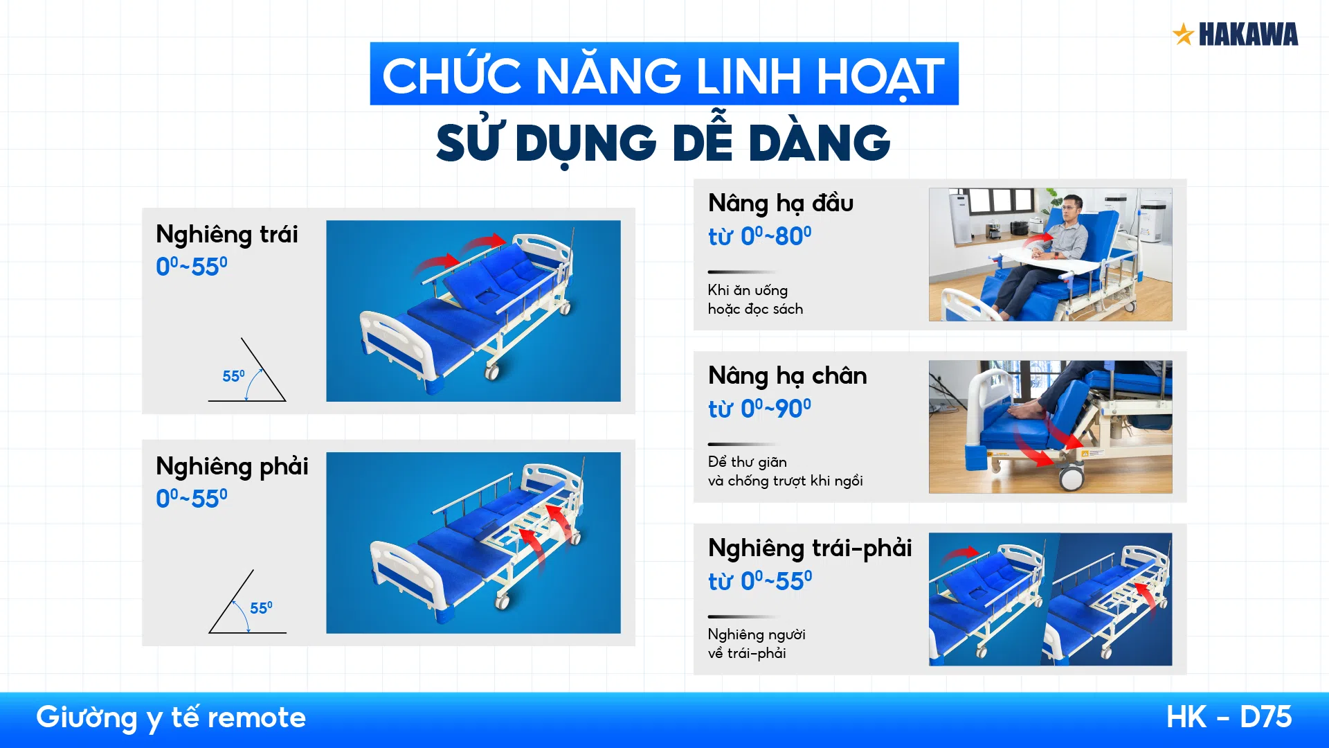 Giường y tế đa năng HAKAWA HK-D75 10 Chức năng giường y tế đa năng HAKAWA HK-D75