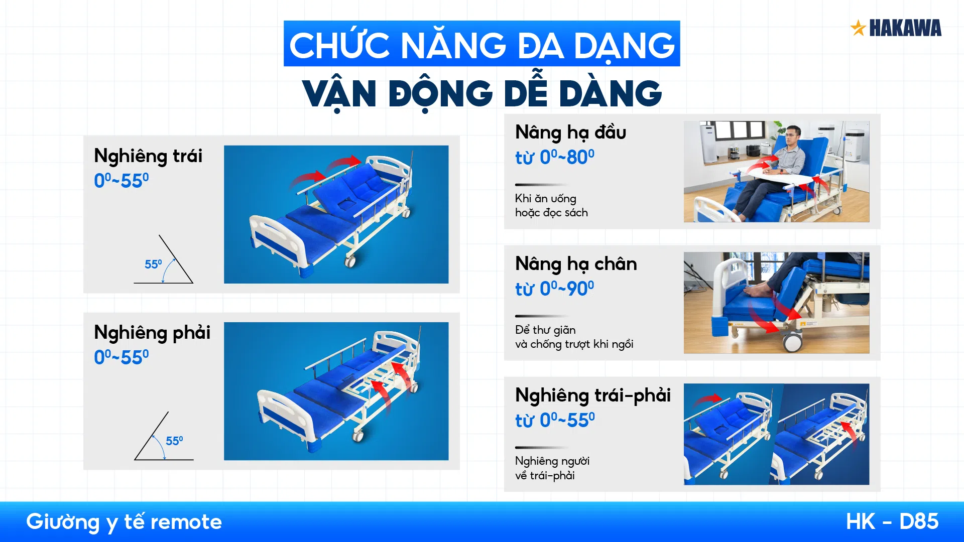 Giường y tế 10 chức năng HAKAWA HK-D85 10 Tính năng chính giường y tế 10 chức năng HAKAWA HK-D85