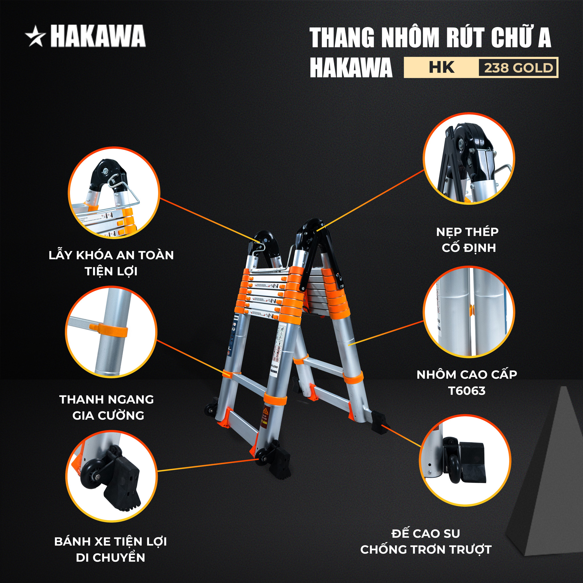 Thang nhôm rút đôi chữ A HAKAWA HK-238 gold 12 Thang nhôm rút chữ A HAKAWA HK-238-Gold