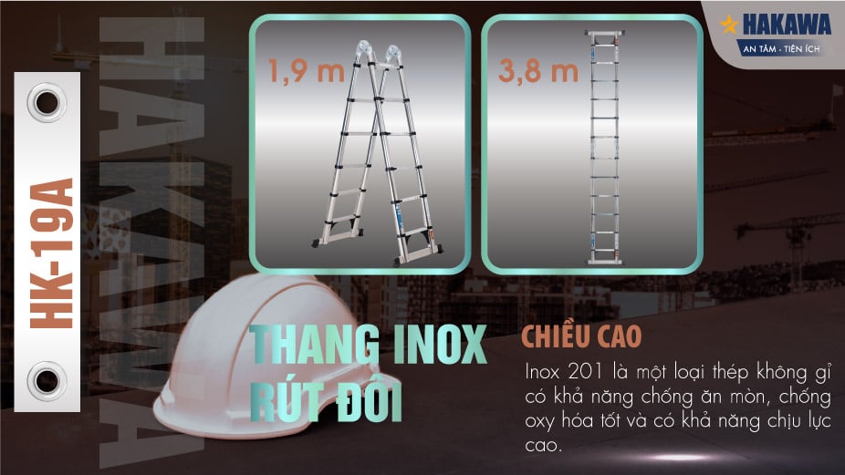 Chiều cao thang inox rút đôi chữ A Hakawa HK-19A