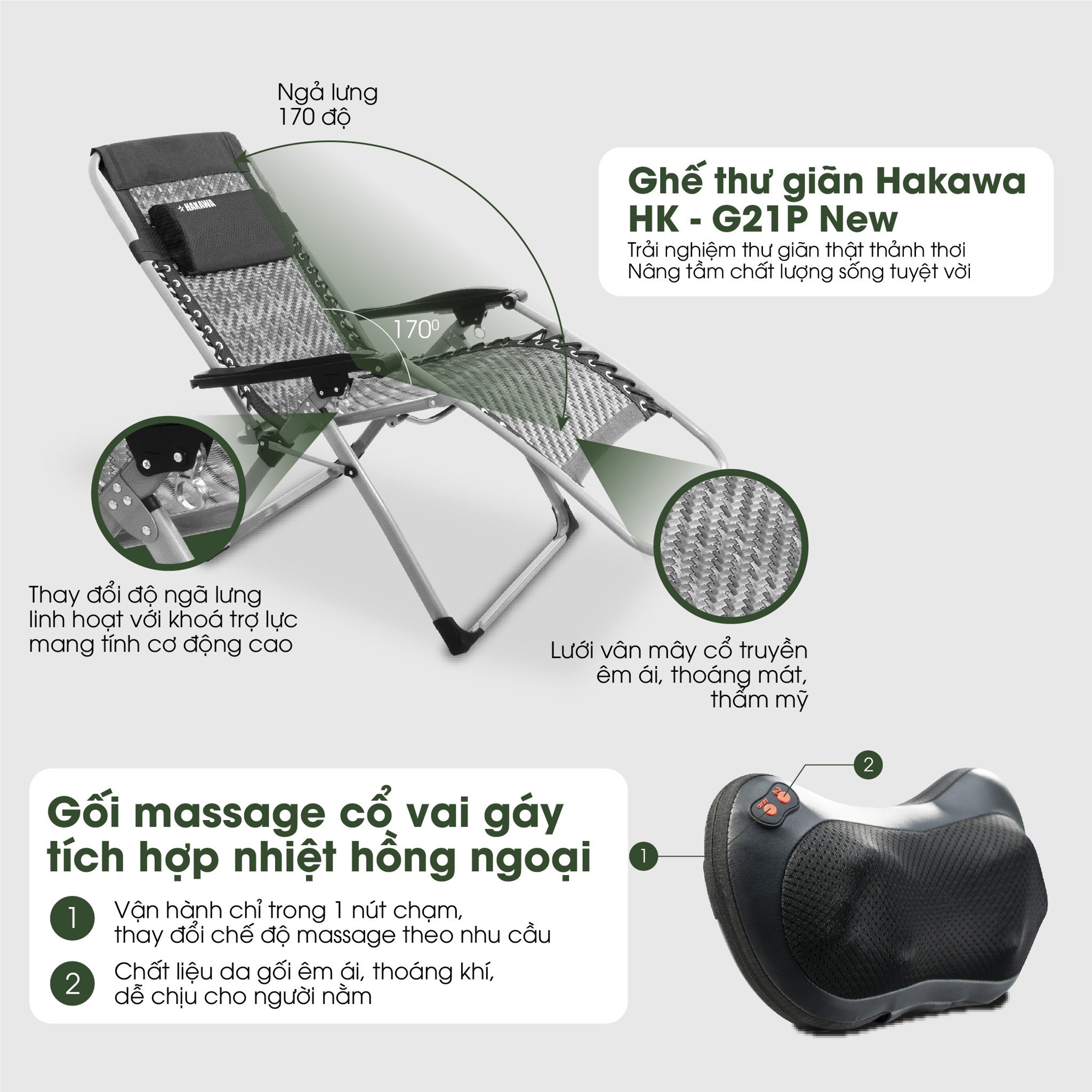 Combo ghế xếp thư giãn HK-G21P New+ gối massage HK-M23 13 Ghế thư giãn Hakawa HK-G21P New tích hợp gối massage cổ vai gáy tích hợp nhiệt hồng ngoại
