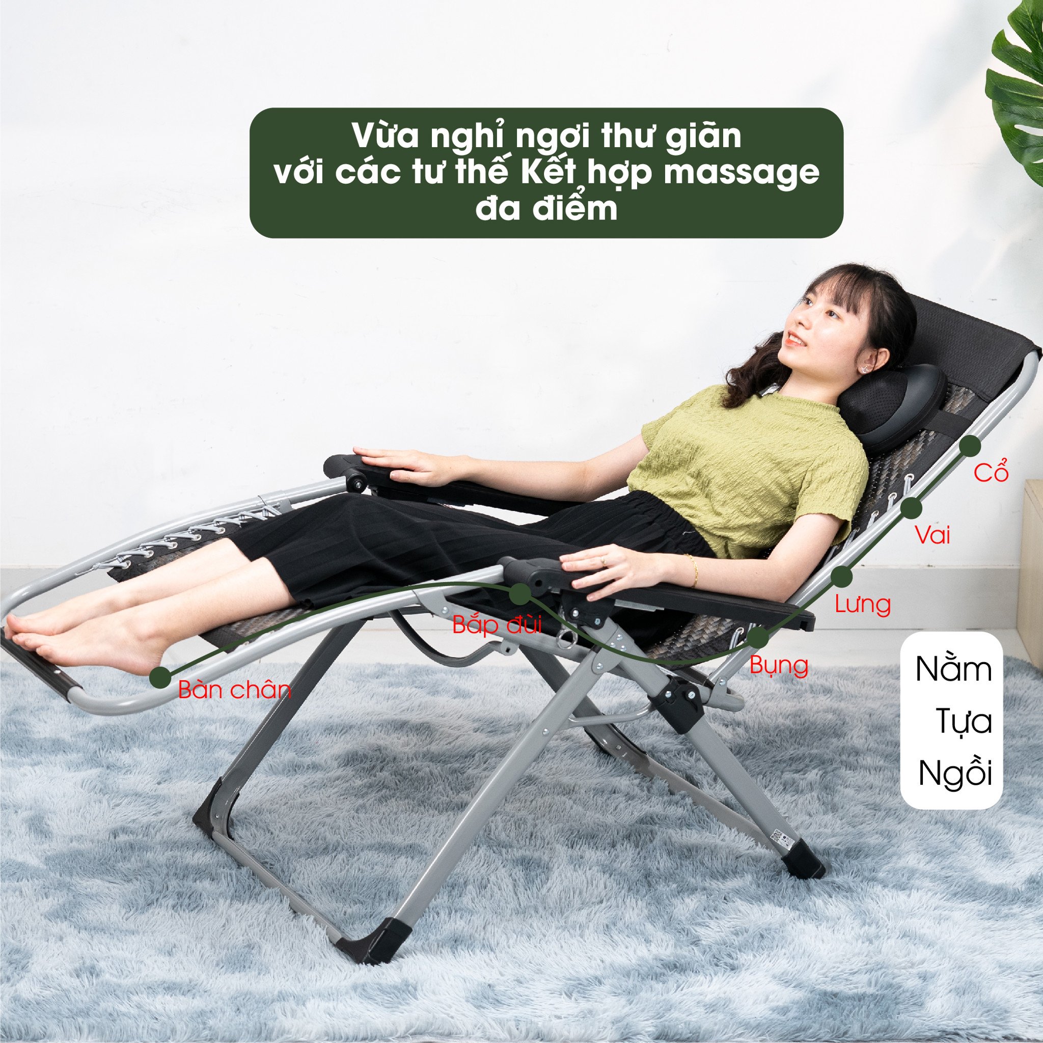 Combo ghế xếp thư giãn HK-G21P New+ gối massage HK-M23 15 Combo ghế xếp và gỗi giúp vừa nghỉ ngơi thư giãn với các tư thế kết hợp massage đa điểm