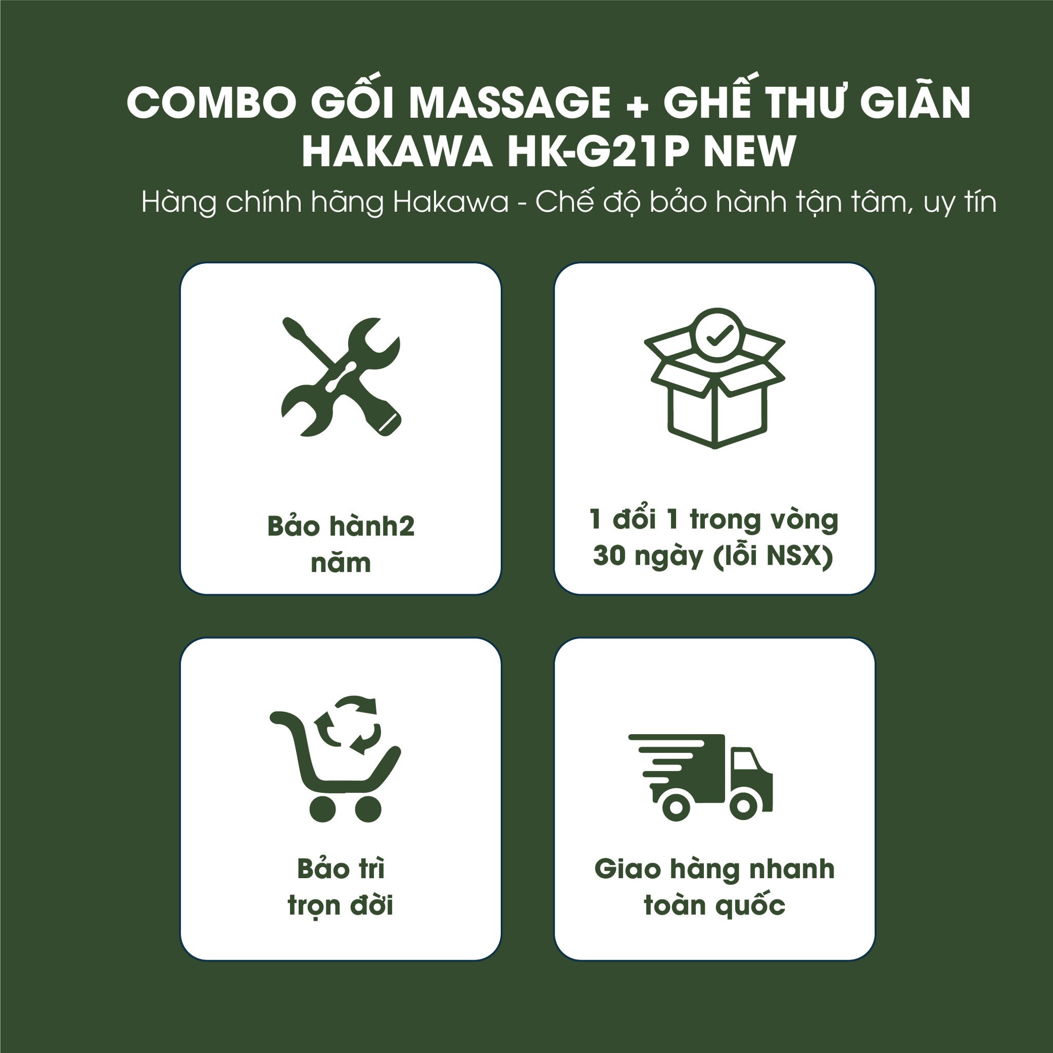 Combo ghế xếp thư giãn HK-G21P New+ gối massage HK-M23 17 Combo gối massage và ghế thư giãn Hakawa HK-G21P New được bảo hành chính hãng 2 năm, 1 đổi 1 trong 30 ngày đầu mua hàng nếu có lỗi từ nhà sản xuất