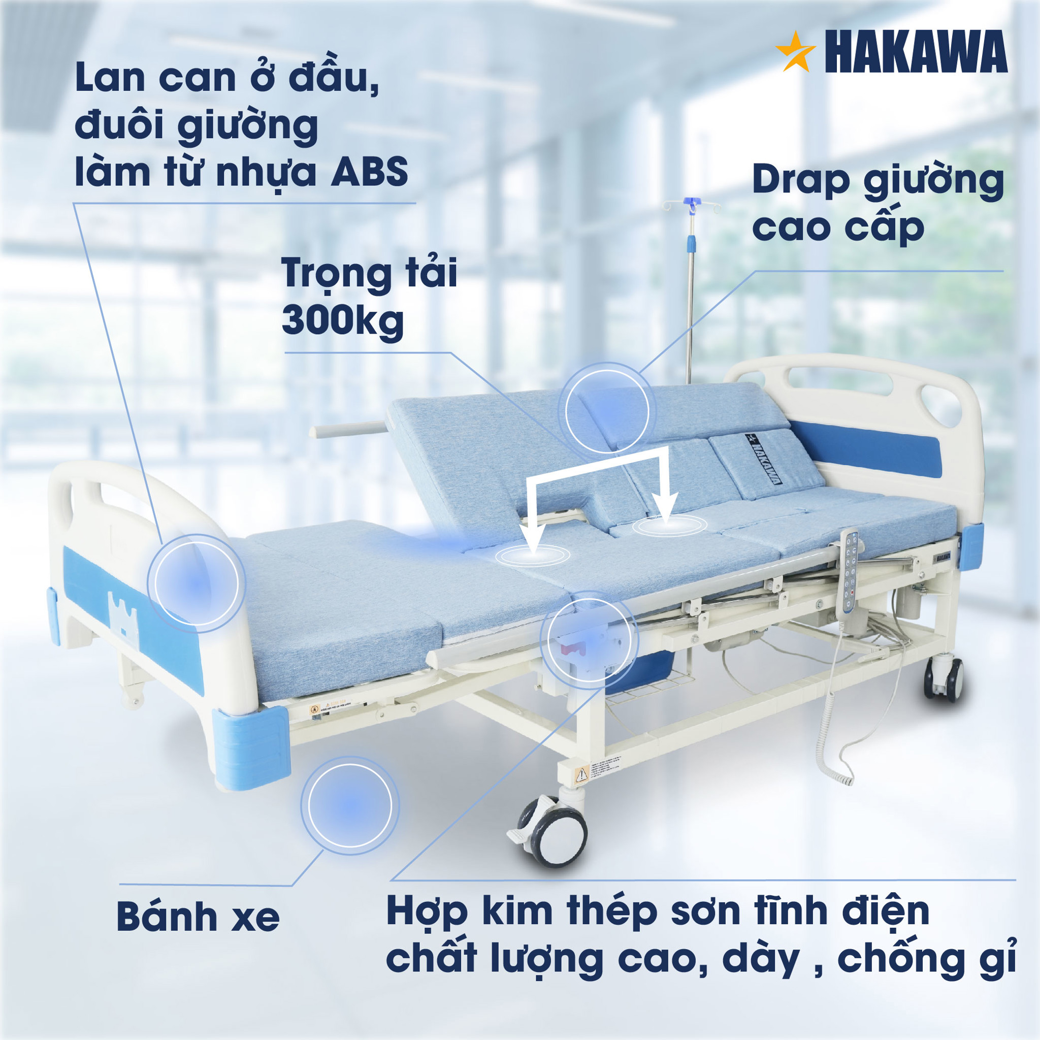 Giường y Hakawa thiết kế trọng tại lên tới 300kg và có bánh xe hỗ trợ di chuyển