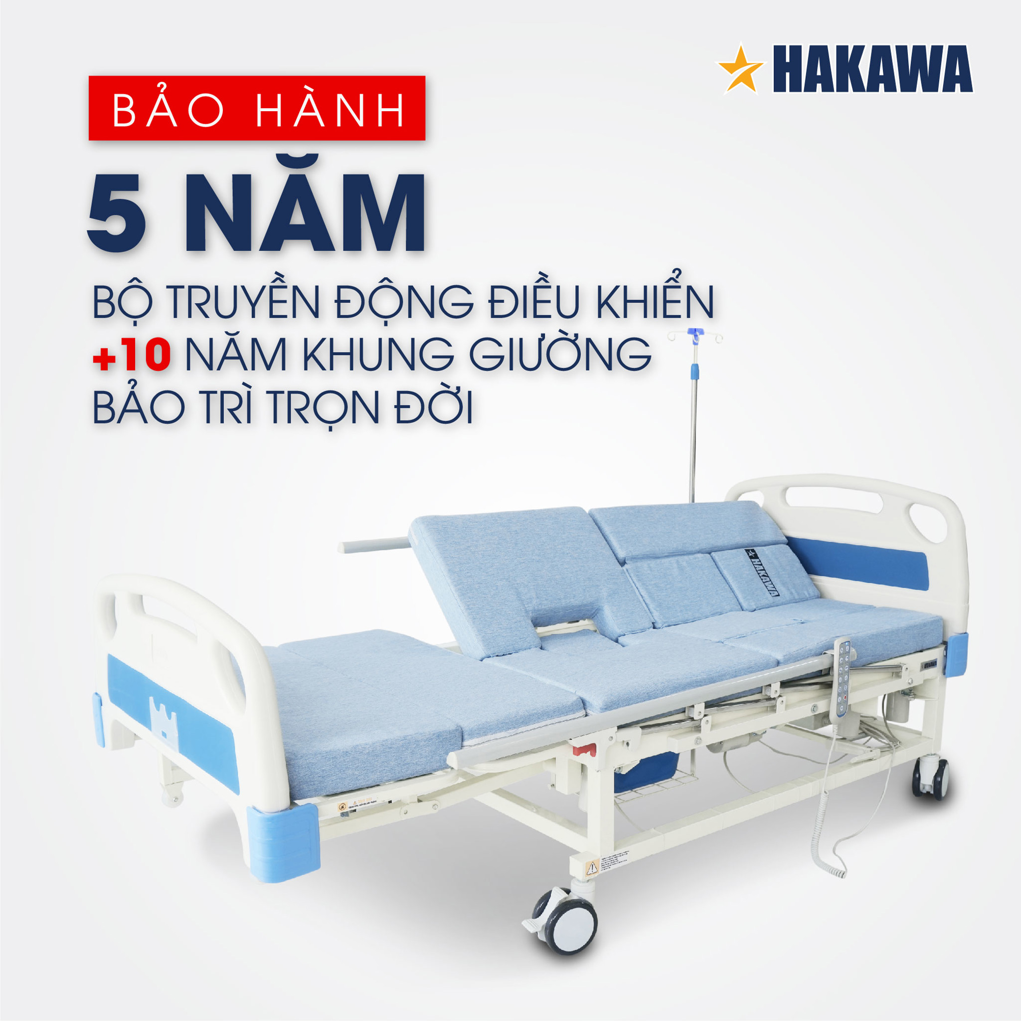 Giường y tế Hakawa bảo hành lên đến 5 năm bộ truyền động điều khiển, trên 10 năm khung giường