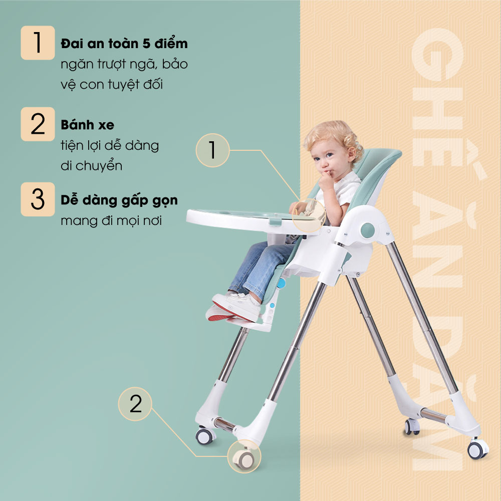 Ghế ăn dặm cho bé HAKAWA HK-B08 14 Ghê ăn dặm cho bé Hakawa HK-B08 thiết kế bánh xe di chuyển, đai an toàn 5 điểm, dễ dàng gấp gọn mang đi mọi nơi