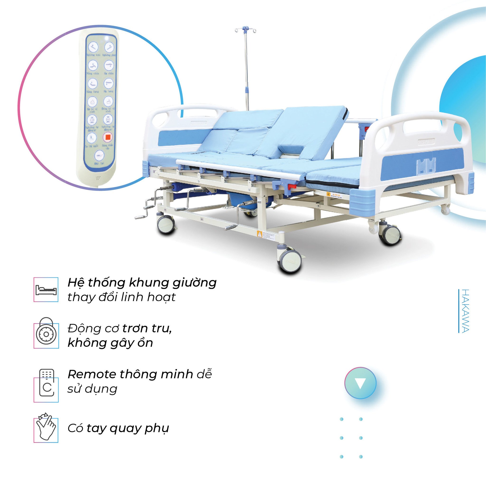 Giường y tế Hakawa được thiết kế thông minh tích hợp hệ thống khung giường thay đổi linh hoạt, động cơ mạnh mẽ không gây tiếng ồn, remote dễ sử dụng và có tay quay cơ hỗ trợ khi mất điện
