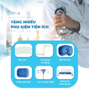 Khi mua giường y tế Hakawa HK-D95 sẽ được tặng k&egrave;m theo nhiều phụ kiện tiện &iacute;ch như b&agrave;n ăn, tay quay cơ, b&ocirc; vệ sinh, chậu gội đầu, cọc truyền dịch, bảng k&ecirc; khai thuốc