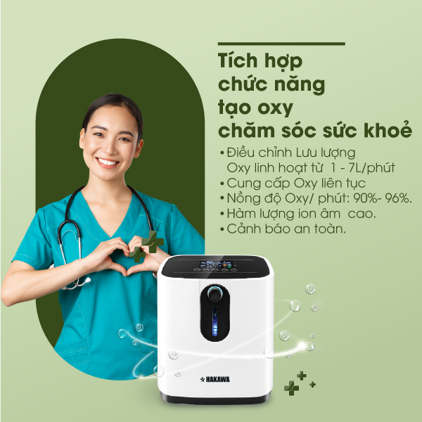 Máy xông khí dung kết hợp TINH DẦU TRÀM HAKAWA 15 Máy tạo oxy chăm sóc sức khoẻ với lưu lượng từ 1-7lít/phút, cung cấp liên tục nhiều giờ, nộng độ oxy/phút đạt từ 90-96%