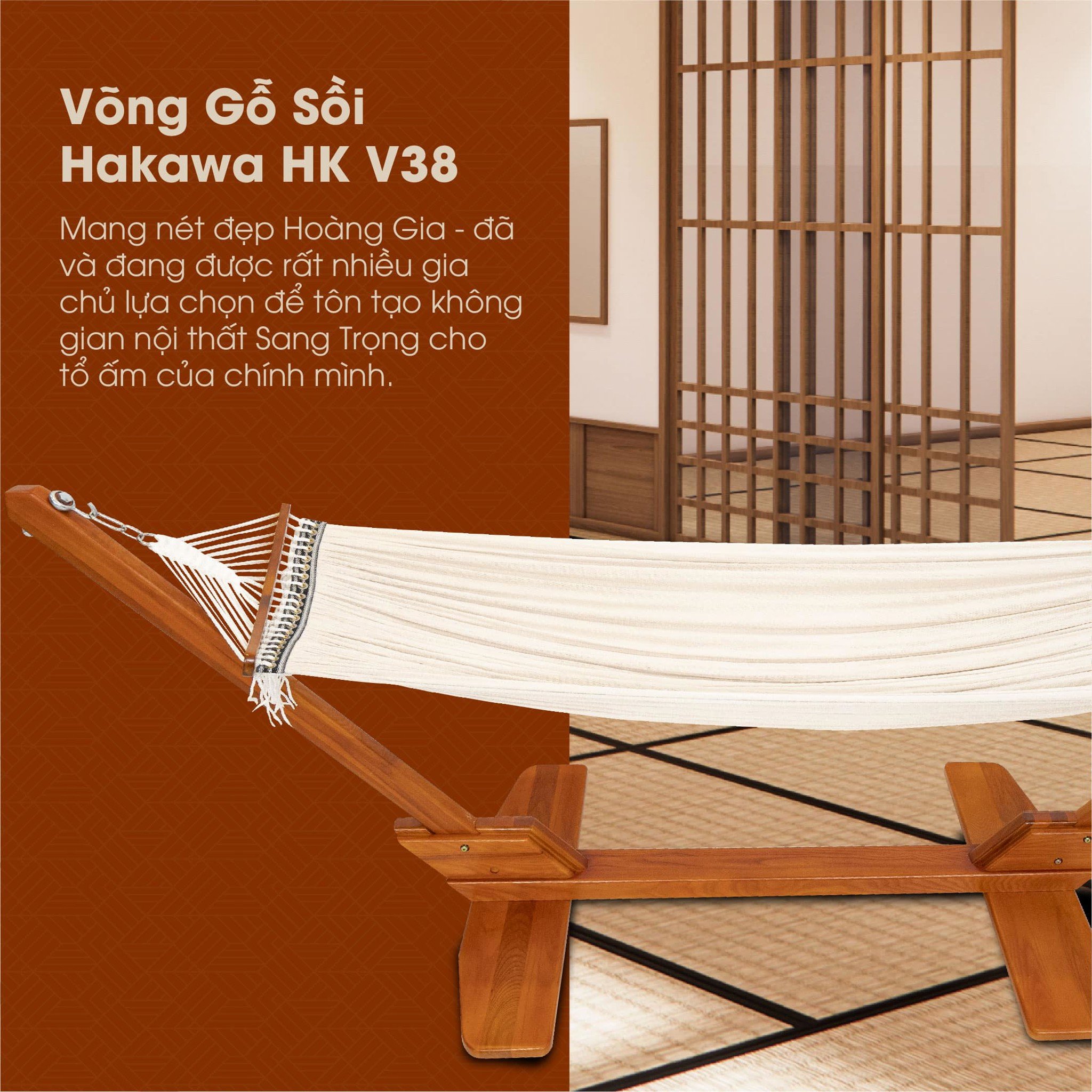 Võng gỗ sồi hoàng gia HAKAWA HK-V38 lưới trắng 10 Sử dụng võng gỗ sồi Hakawa HK-V38 mang nét đẹp hoàng gia vào không gian nhà bạn