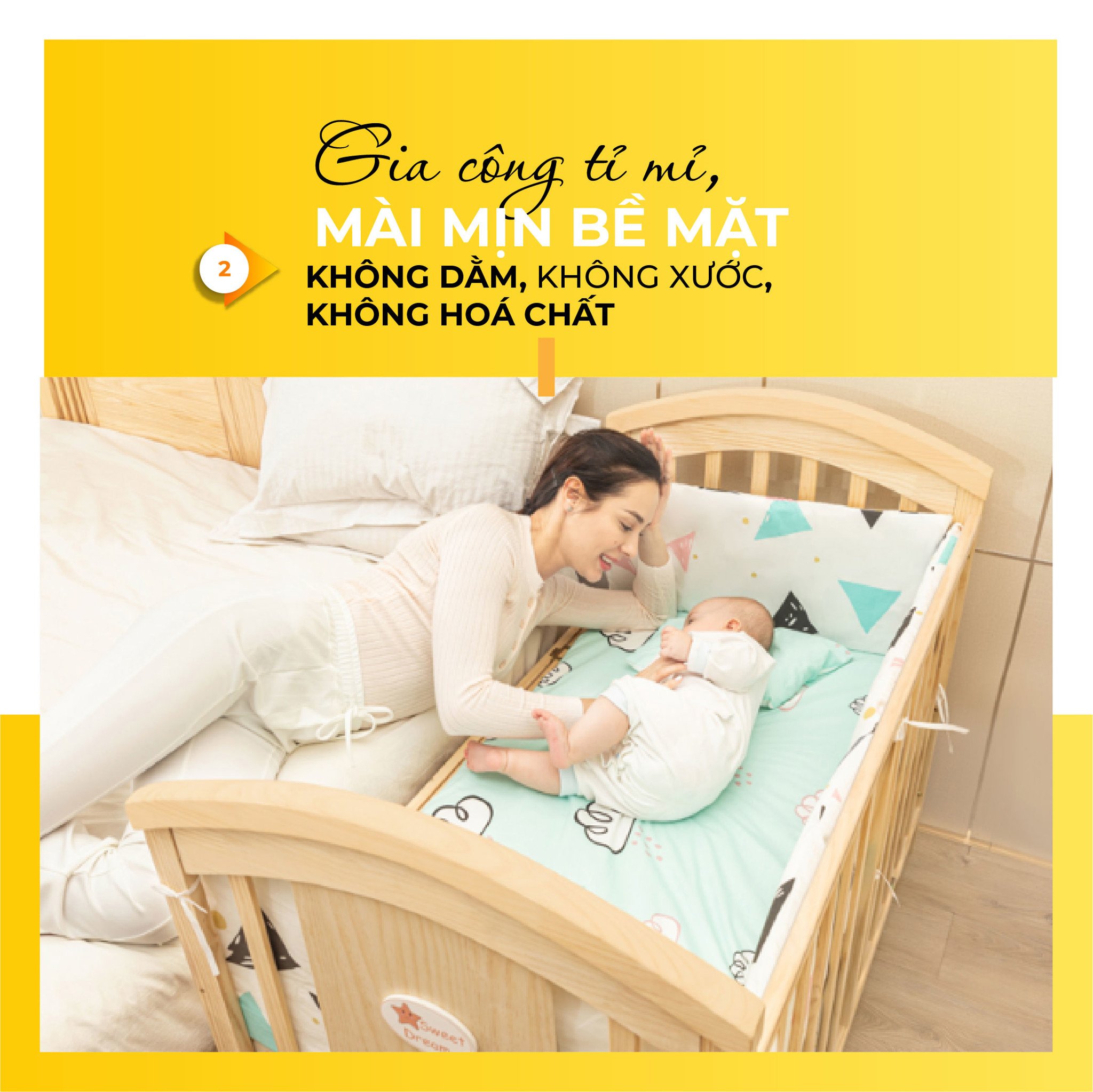 Nôi cũi em bé HAKAWA hoàng gia combo 4 12 Nôi cũi được gia công tỉ mỉ, mài mịn bề mặt không xước và không sử dụng hoá chất
