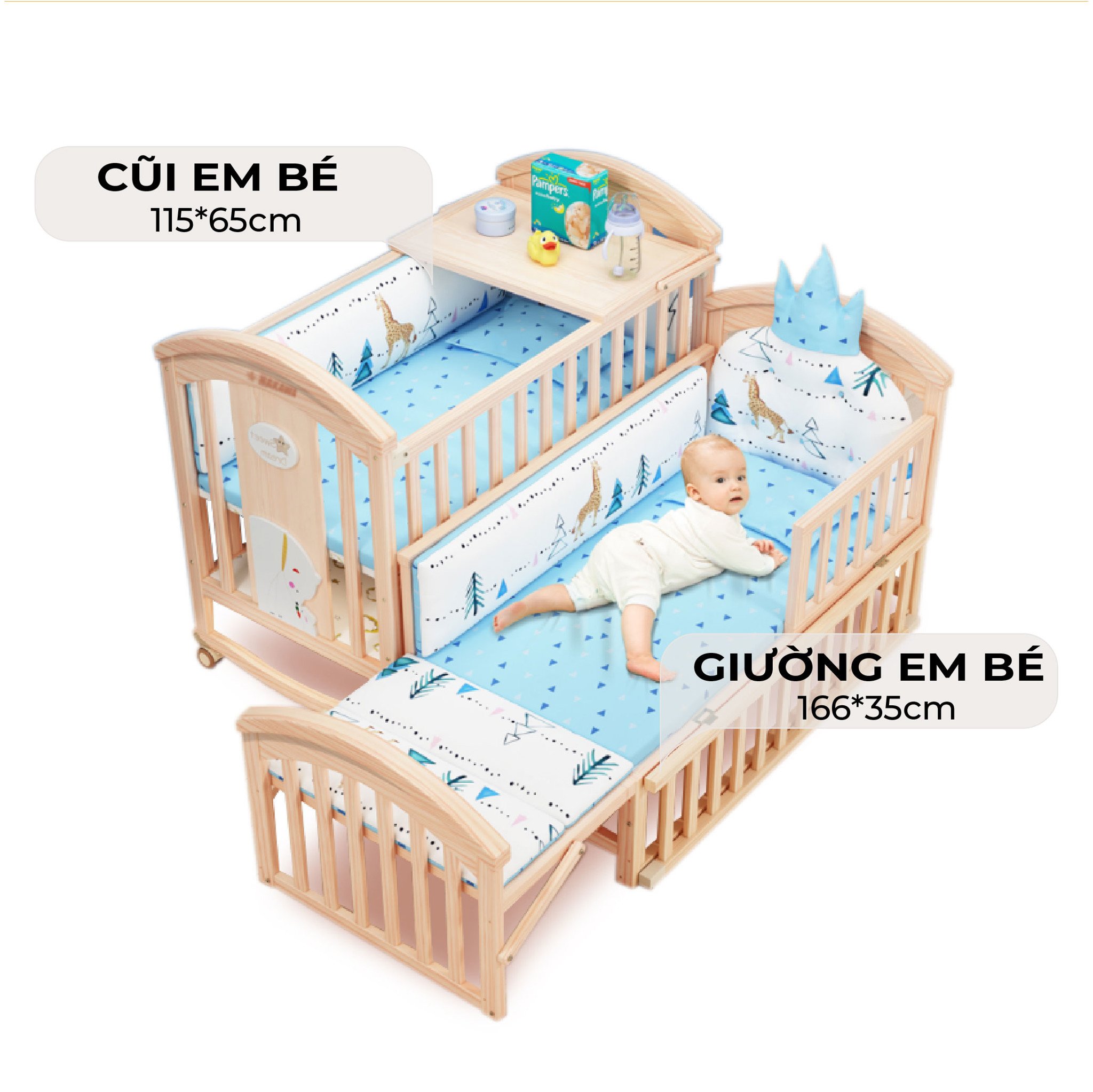 Nôi cũi em bé HAKAWA hoàng gia combo 4 15 Cũi em bé 115*65 cm, giường em bé 166*35 cm