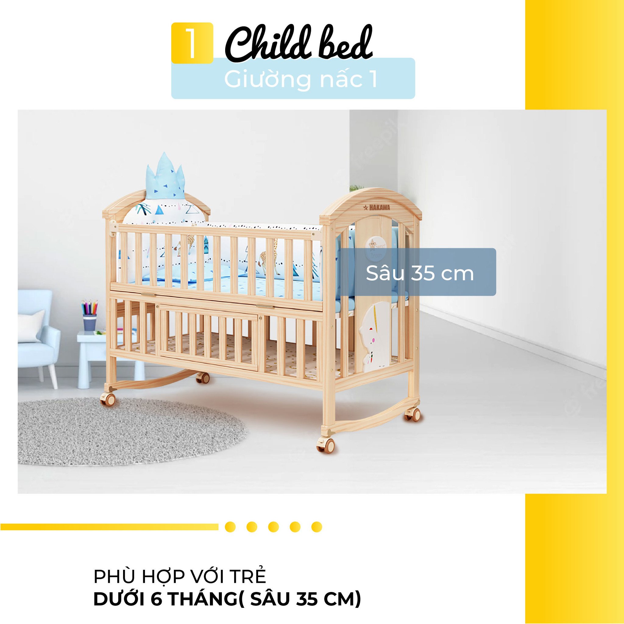 Nôi cũi em bé HAKAWA hoàng gia combo 4 17 Giường nấc 1 sâu 35cm phù hợp với trẻ dưới 6 tháng tuổi