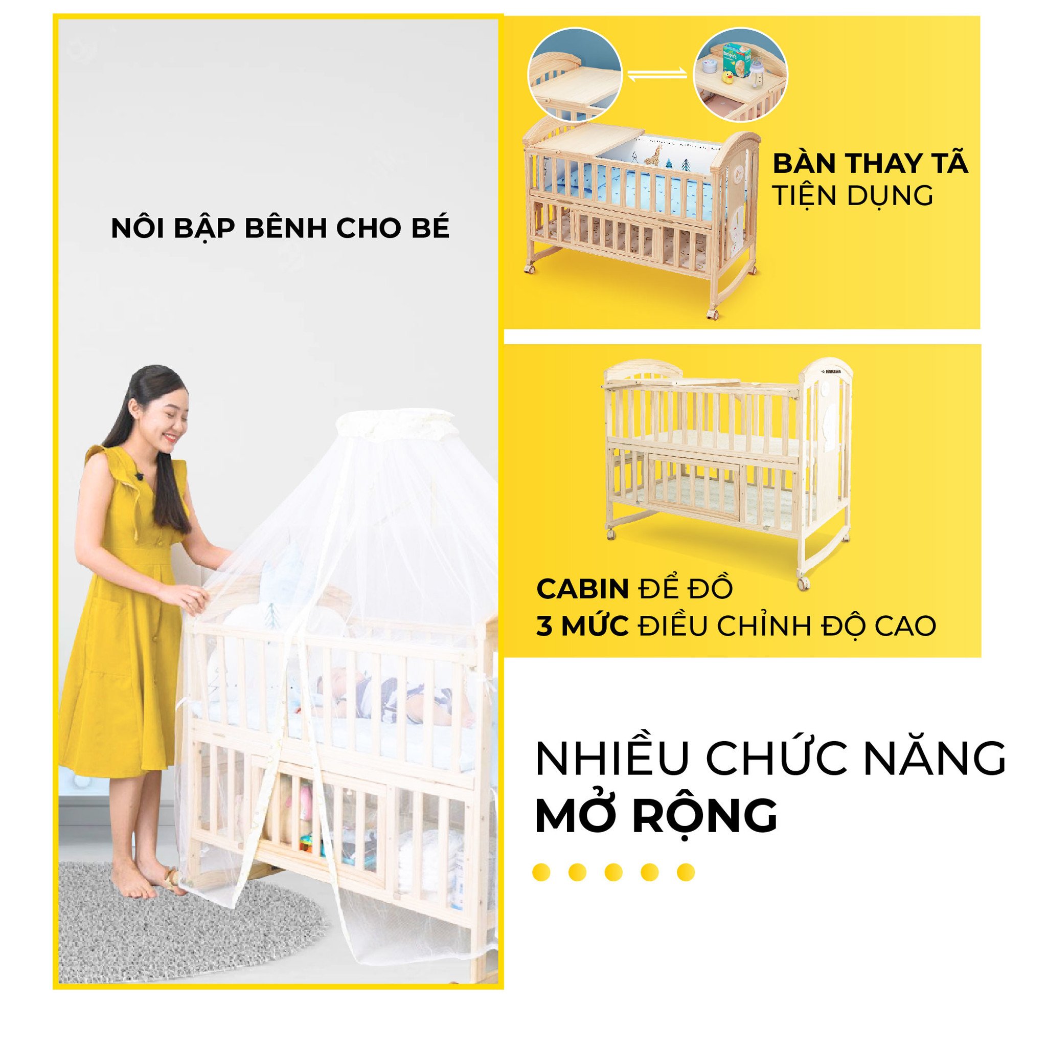 Nôi cũi em bé HAKAWA hoàng gia combo 4 22 Giường cũi tích hợp thêm các tính năng mở rộng như bàn thay tã, cabin để đồ 3 mức điều chỉnh độ cao
