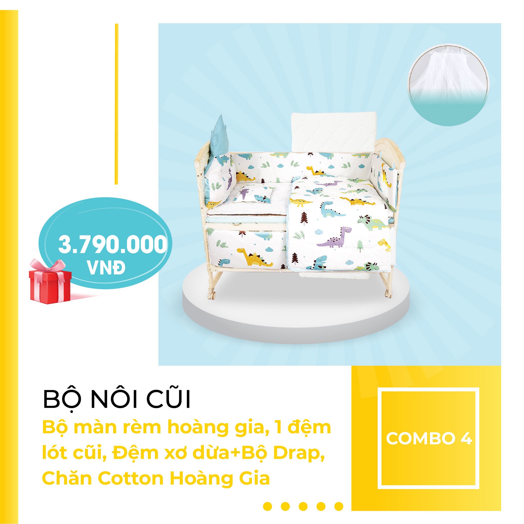 Nôi cũi em bé HAKAWA hoàng gia combo 4 26 Bộ nôi cũi gồm 1 đệm 3 lớp và chăn cotton Hoàng Gia