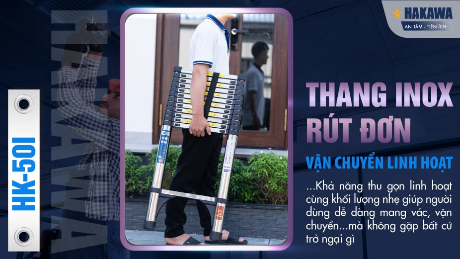 Thang inox rút đơn Hakawa HK-38I gọn nhẹ linh hoạt