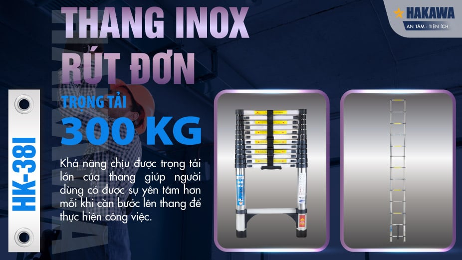 Thang inox rút đơn HAKAWA HK-38I 9 Thang inox rút đơn Hakawa HK-38I chịu trọng tại cao lên đến 300kg