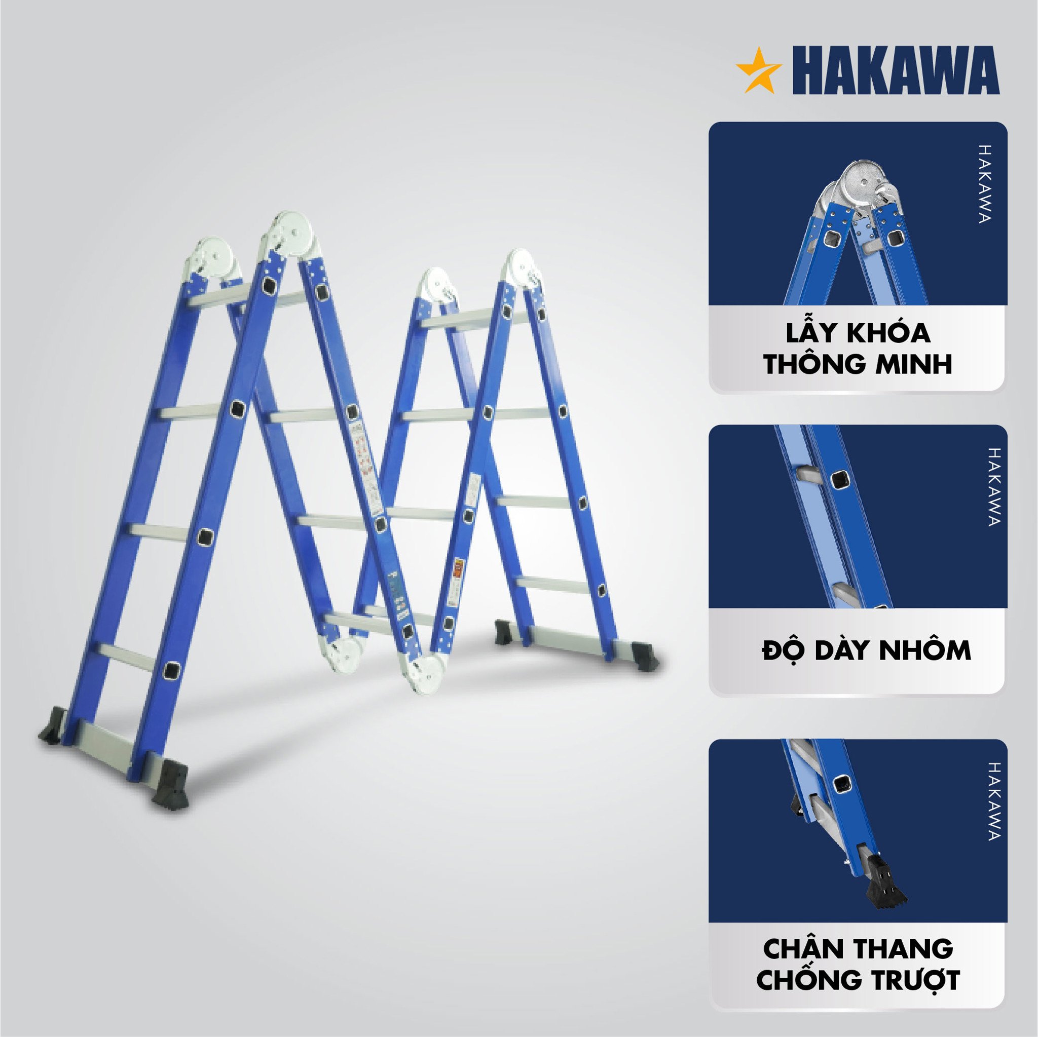 Than nhôm gấp HAKAWA cấu tạo chắc chắn, lãy khóa thông minh cho mọi công việc trên cao