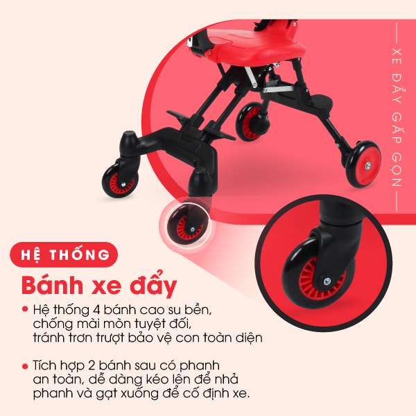 Xe đẩy gấp gọn cho bé HAKAWA HK-B07 11 Bánh xe đẩy gồm 4 bánh cao su chống mài mòn, tránh trơn trượt , trong đó tích hợp 2 bánh sau có phanh an toàn dễ dàng đạp cố định và nhả phanh để di chuyên giúp bảo vệ con toàn diện