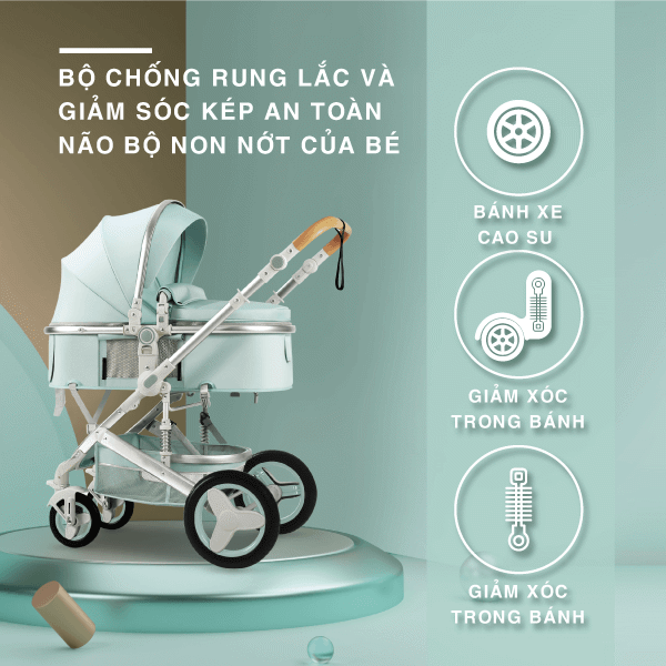 Xe tích hợp bộ chống rung lắc và giảm sóc kép giúp an toàn não bộ non nớt của bé