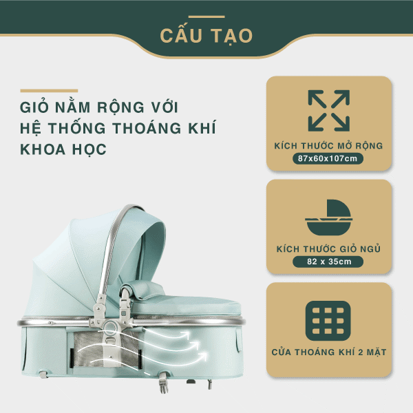 Giỏ nằm rộng rãi với hệ thống thoáng khí sắp xếp khoa học