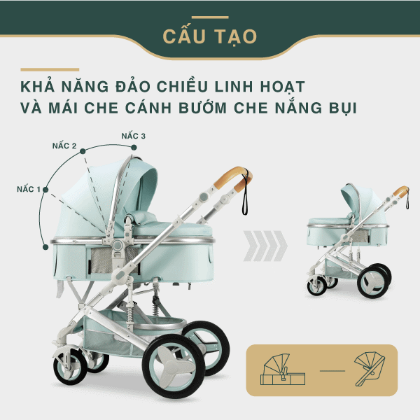 Xe có thể đảo chiều linh hoạt với mái che cánh bướm ngăn nắng và bụi hiệu quả