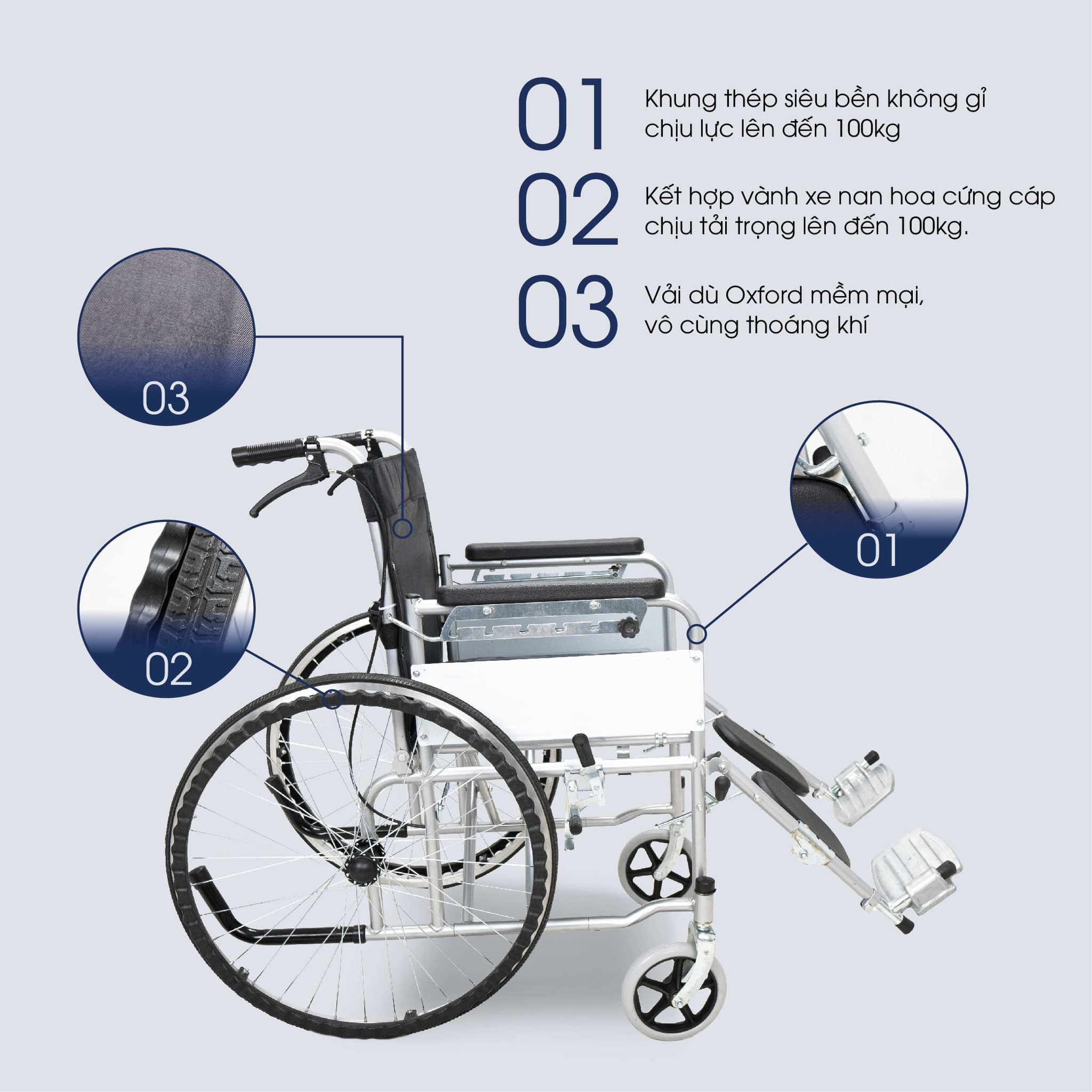Xe lăn cơ đa chức năng HAKAWA HK-XC19 có bô vệ sinh 8 Xe lăn cơ đa chức năng HAKAWA HK-XC19 được làm bằng khung thép siêu bền, vanh xe và nan hoa cứng cáp, vải ghế bằng dù Oxford mềm mại, thoáng khí, xe chịu trọng tải lên đến 100kg