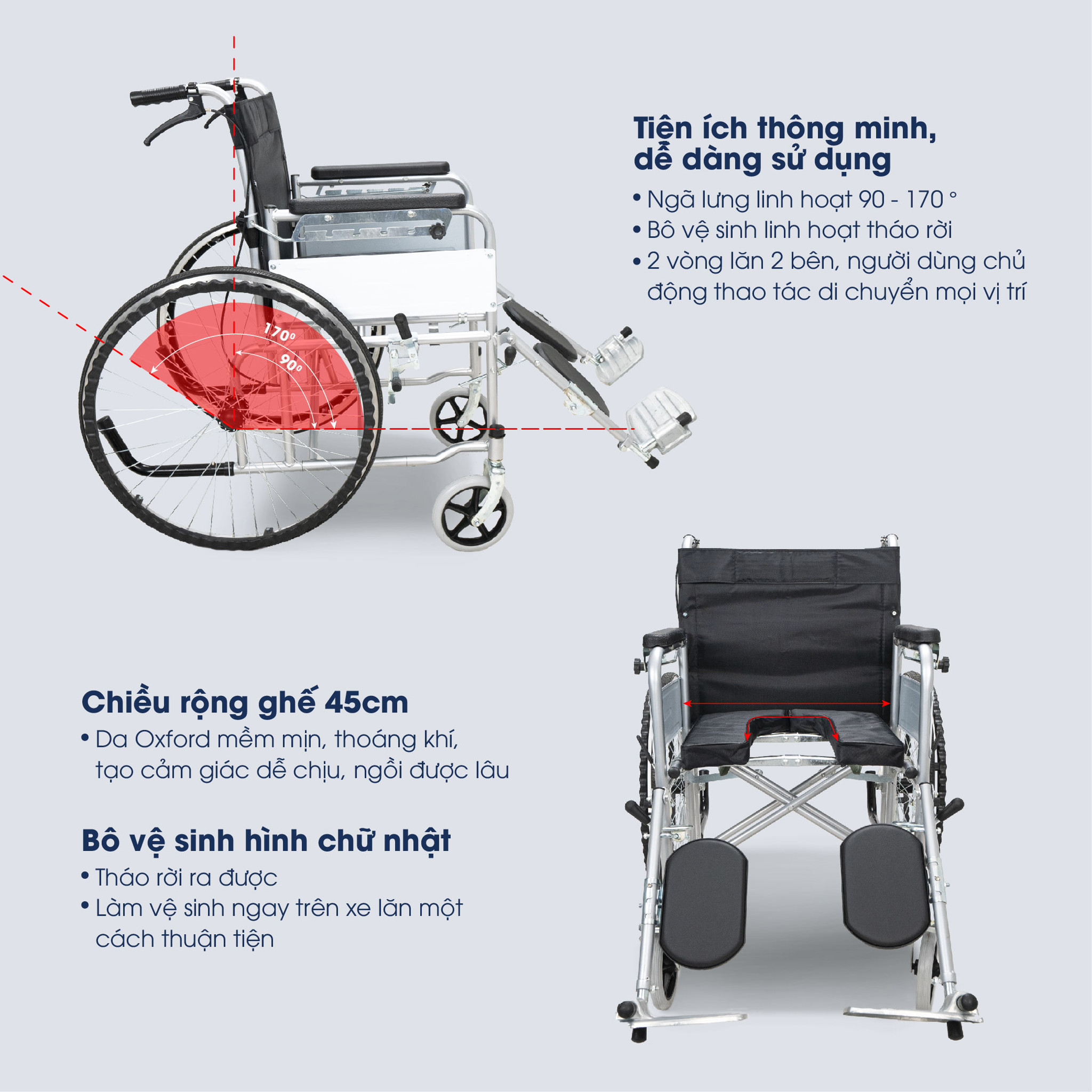 Xe lăn cơ đa chức năng HAKAWA HK-XC19 có bô vệ sinh 10 Xe lăn cơ đa chức năng HAKAWA HK-XC19 tích hợp nhiều tiện ích thông minh dễ dàng sử dụng, ngảng lưng linh hoạt 90-170 độ