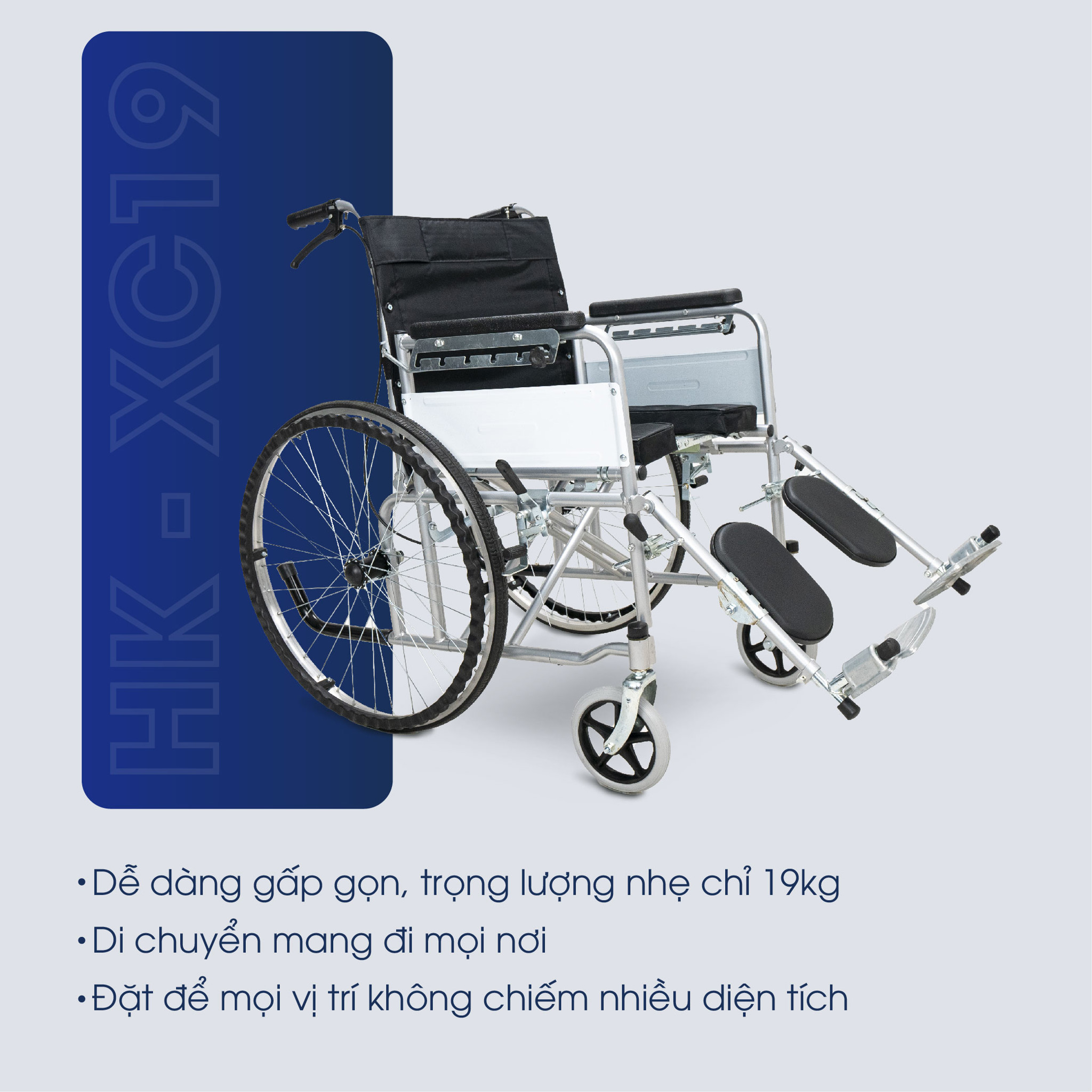 Xe lăn cơ đa chức năng HAKAWA HK-XC19 có bô vệ sinh 12 Xe lăn cơ đa chức năng HAKAWA HK-XC19 dễ dàng gấp gọn, trọng lượng 19kg thuận lợi khi di chuyên và cất giữ
