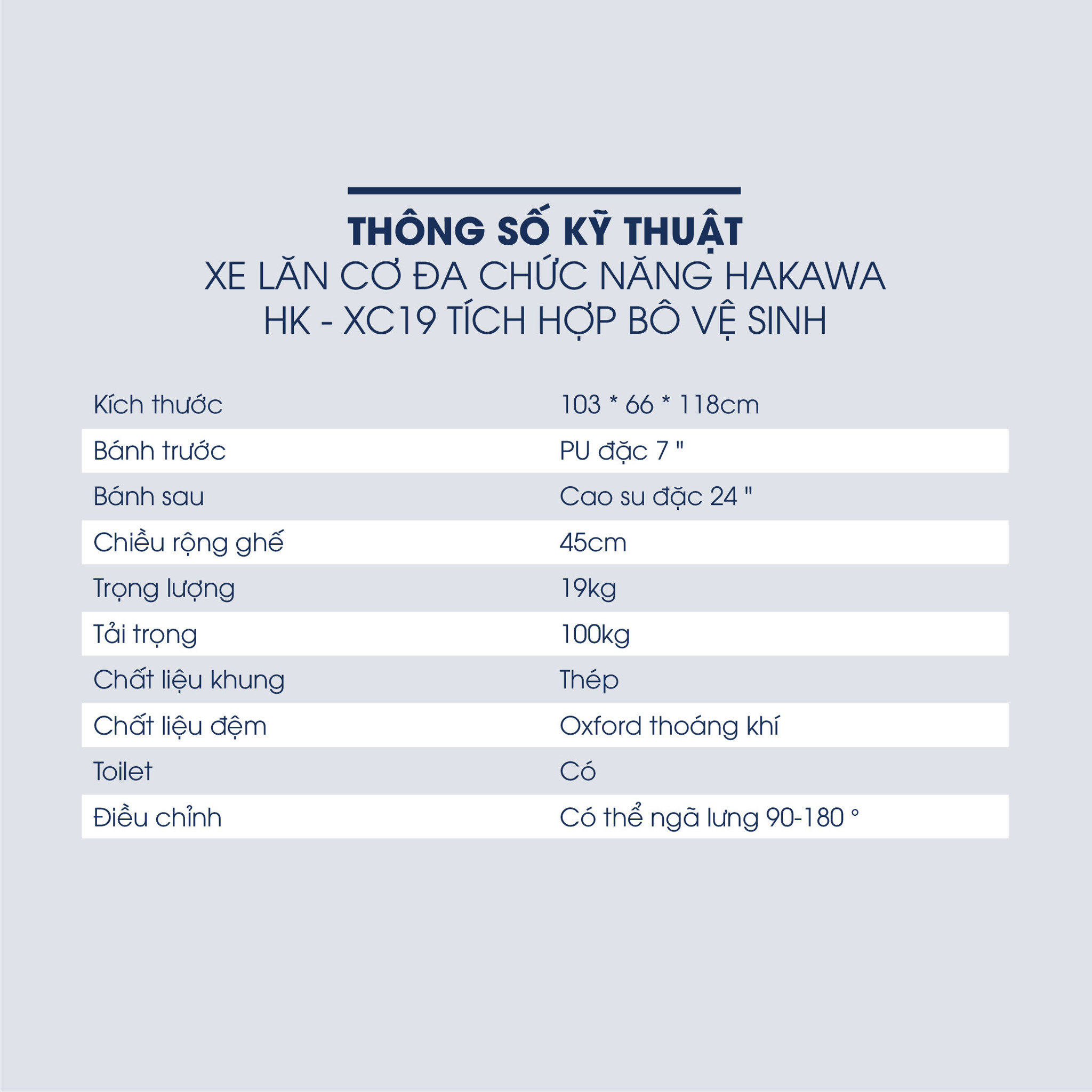 Xe lăn cơ đa chức năng HAKAWA HK-XC19 có bô vệ sinh 14 Thông số kỹ thuật của xe lăn cơ đa chức năng HAKAWA HK-XC19