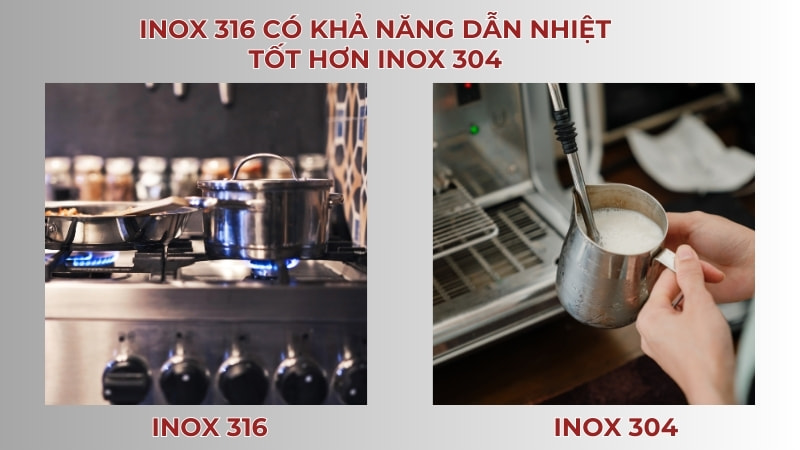 So sánh inox 304 và 316, loại nào tốt hơn, đáng sử dụng hơn? 7 Xét về độ dẫn nhiệt, inox 316 có khả năng dẫn nhiệt tốt hơn
