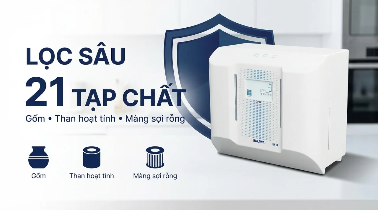 Máy lọc nước ion kiềm Hakawa HA-19 16 Hệ thống lọc đa tầng loại bỏ 21 tạp chất độc hại
