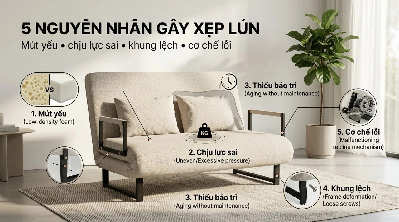Sofa Giường Bị Xẹp Lún - Nguyên Nhân & Cách Khắc Phục 6 5 Nguyên Nhân Chính Khiến Mút Sofa Bị Lún