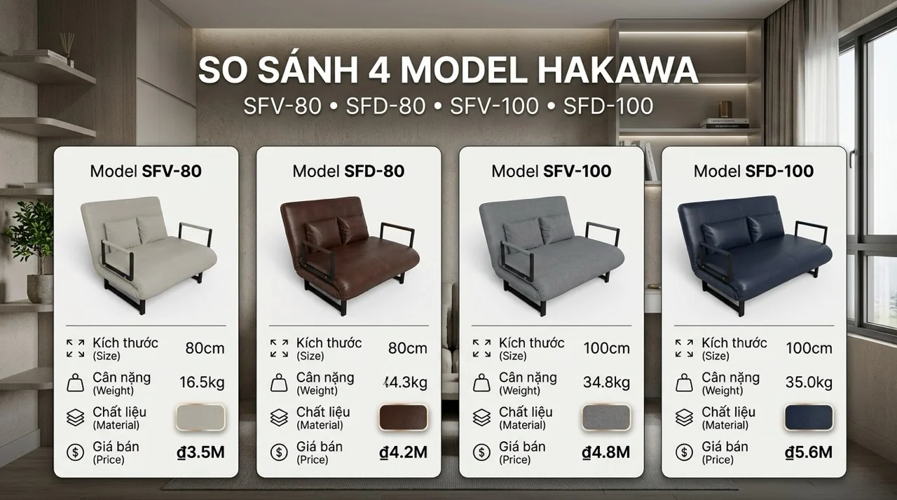 Sofa Giường Đơn 80cm & 1m - Gọn Nhẹ Cho 1 Người 8 Bảng So Sánh 4 Model Sofa Giường Đơn HAKAWA