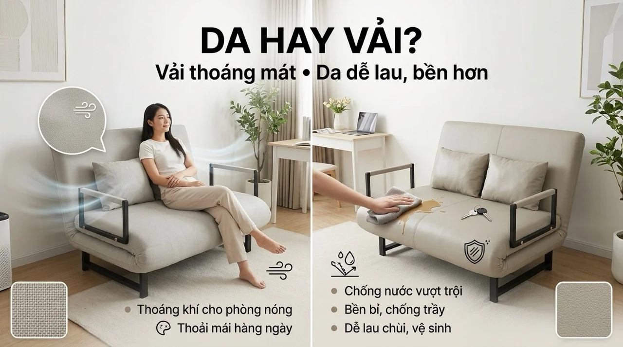 Sofa Giường Gấp Gọn - Giải Pháp Tiết Kiệm Diện Tích 9 Da Hay Vải - Chọn Chất Liệu Bọc Cho Không Gian Nhỏ