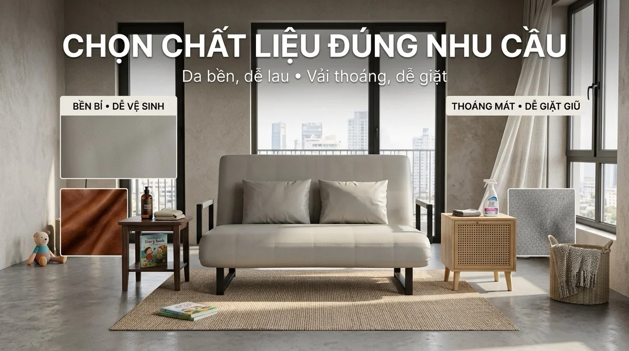 7 Kinh Nghiệm Mua Sofa Giường Không Bị Hớ 7 Kinh Nghiệm 2 Chọn Chất Liệu Bọc Đúng Nhu Cầu