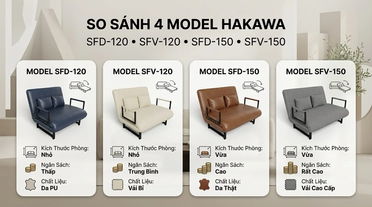 Sofa Giường Đôi 1m2 & 1m5 - Cho 2 Người Ngủ Thoải Mái 10 So Sánh 4 Model Sofa Giường Đôi HAKAWA