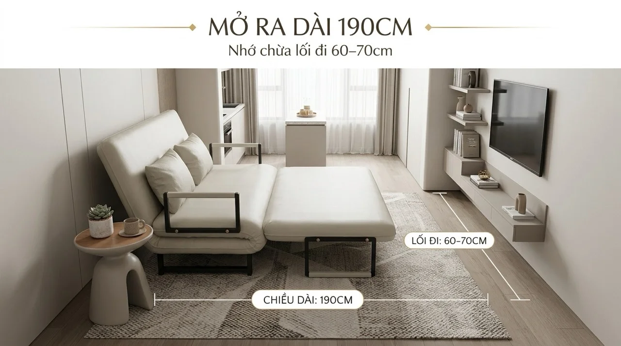 Kích Thước Sofa Giường - Hướng Dẫn Chọn Theo Diện Tích Phòng 10 Chiều dài sofa giường Hakawa khi mở ra lên đến 190cm