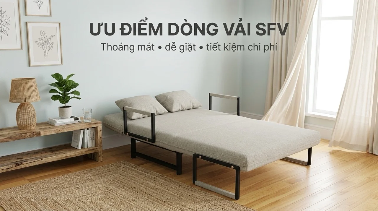 So Sánh Sofa Giường Da Và Vải - Chọn Loại Nào Phù Hợp? 9 Ưu điểm của dòng sofa giường vải SFV là thoáng mát, dễ giặt và tiết kiệm chi phí