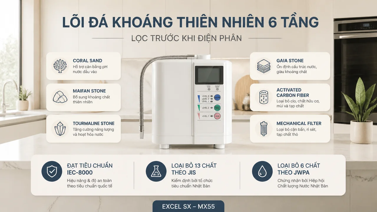 Máy lọc nước ion kiềm EXCEL SX - MX55 15 Lõi lọc đá khoáng thiên nhiên 6 tầng và khả năng xử lý nước